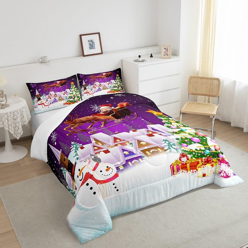 Manfei Xmas Comforter Set King Size, Snowman Christmas Tree Bedding Set 3pcs for Kids Boys Girls Room Decor, Santa Claus with Reindeer Quilt Set New Year Theme Duvet Set with 2 Pillowcases