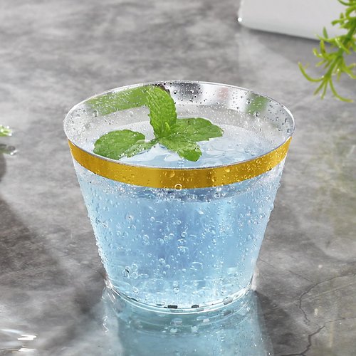 Hioasis 100Pcs 9OZ Clear Plastic Cups with Gold Trim - Plastic Disposable Cups, Heavy Duty & BPA-free for Party, Wedding, Celebrations