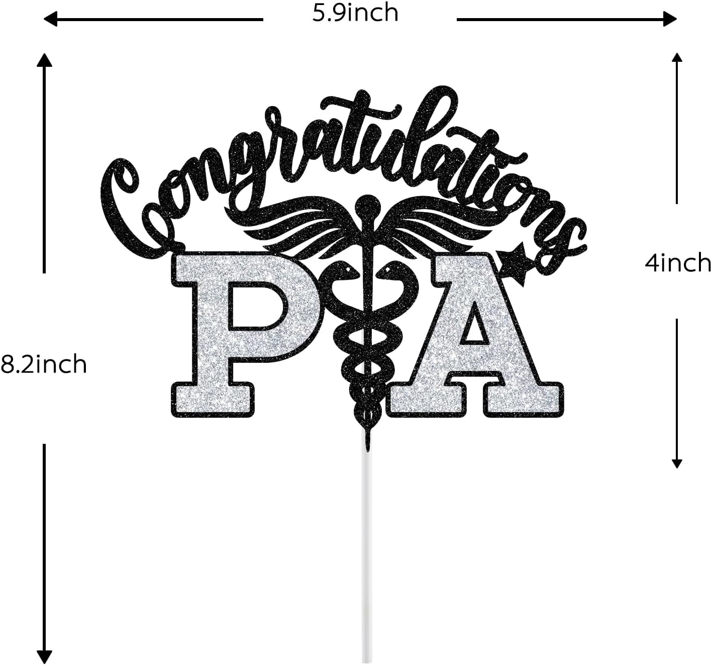 PA Cake Topper - Graduation Decorations 2025 | Congrats Nurse/Doctor, Black & Silver Glitter