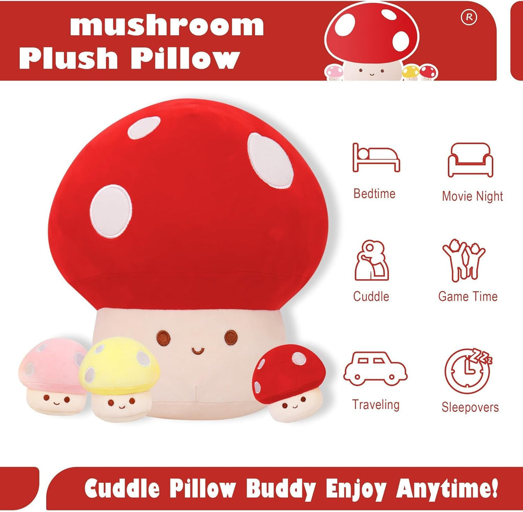 WeBingo Mushroom Plush Pillow Set - 12-Inch Jumbo Stuffed Animal Decor with 3 Baby Mushrooms | Perfect Gift for Kids & Adults