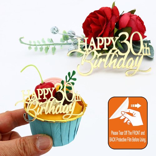 Happy Birthday Gold Mirror Acrylic Cupcake Toppers - 12 Pieces for 21st to 70th Celebrations