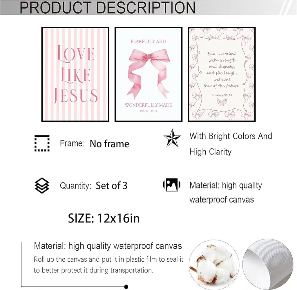 Skiennix Pink Christian Wall Art - Inspirational Bible Verse Canvas Prints | 3-Piece Set, 12x16in Unframed