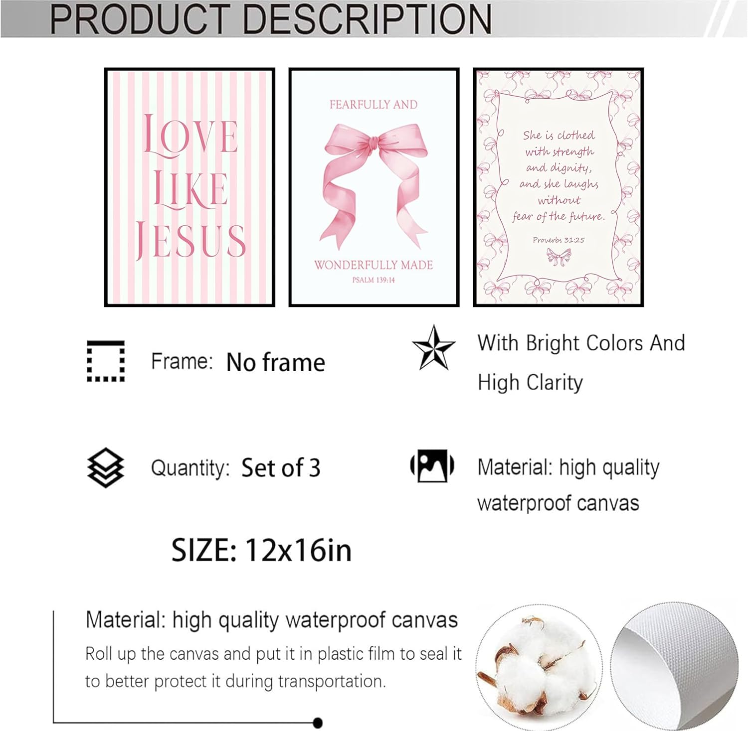 Skiennix Pink Christian Wall Art - Inspirational Bible Verse Canvas Prints | 3-Piece Set, 12x16in Unframed