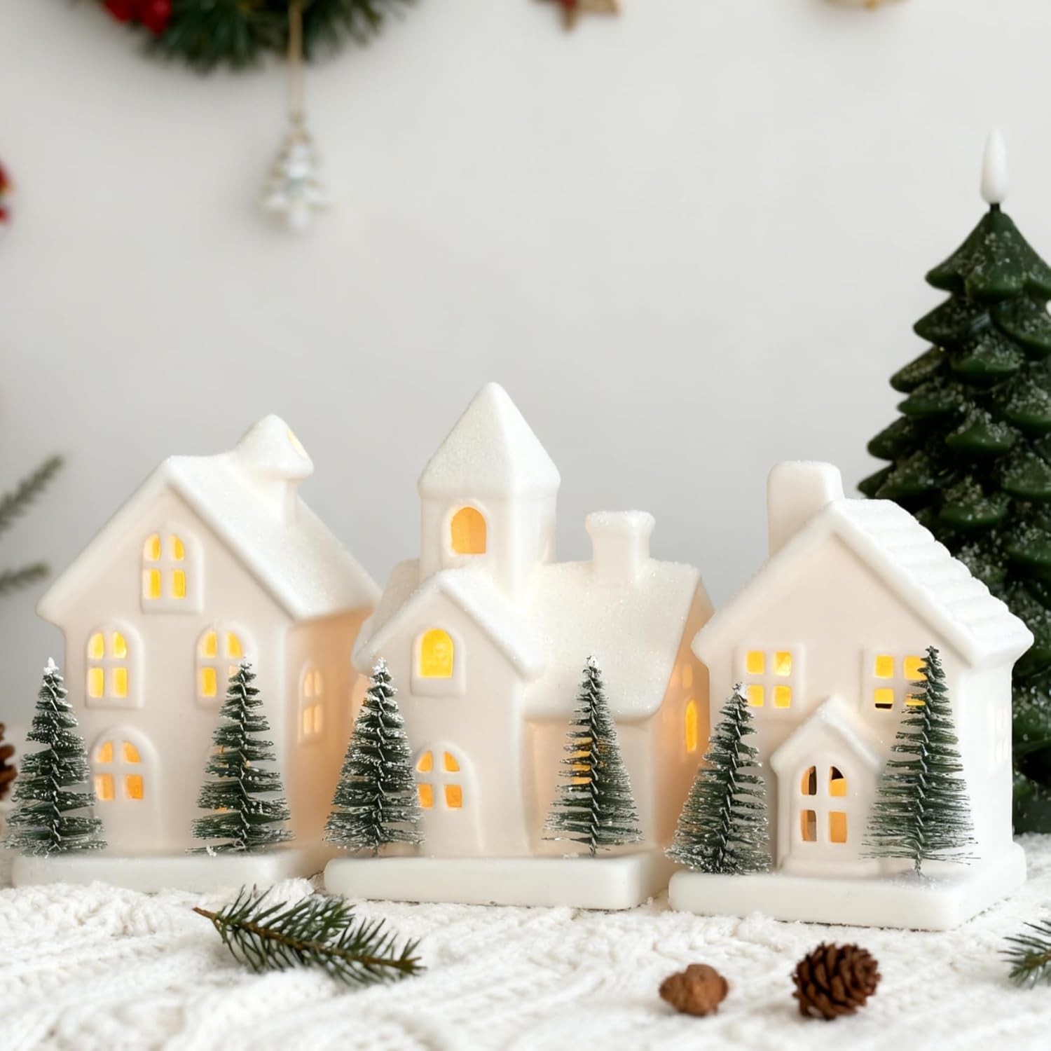 Regine Switzerland Christmas Village Set - 3 Lighted Ceramic Houses with Trees - Rustic White Holiday Decor