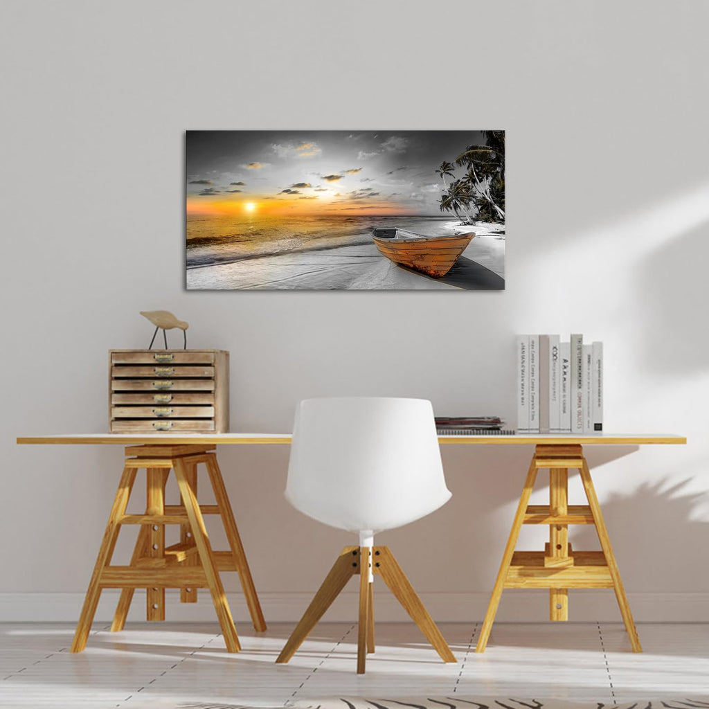 KREATIVE ARTS 24x48in Black and White Beach Sunset Seascape Canvas Prints - Ocean Landscape with Boat Tree Artwork, Natural Scenery Wall Art for Living Room, Bedroom, Office Decor