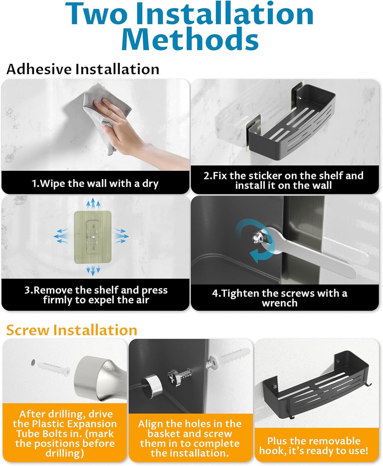Onemake Shower Caddy - Rustproof Aluminum Shower Shelf with Removable Hooks | No Drill, Grey
