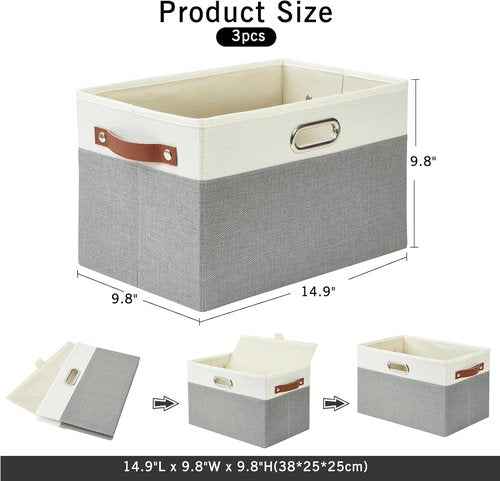 Bagnizer Fabric Storage Bins - Large Collapsible Organizer Baskets with 3 Handles | 3 Pack, Durable Gray & White (14.9"x9.8"x9.8")