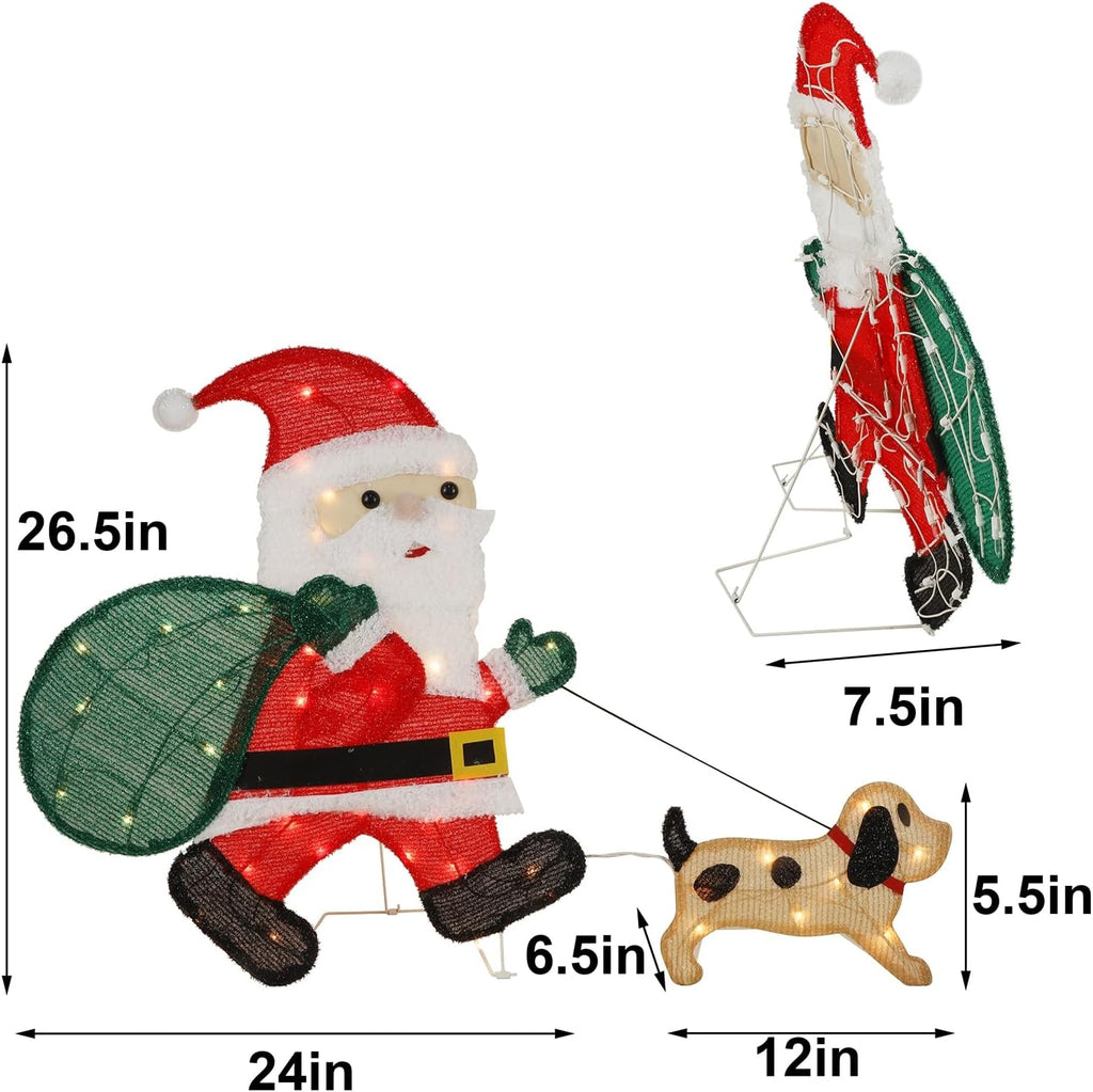 Waterglide Lighted Christmas Santa Claus with Puppy - 26.5 Inch Pre-Lit 2D Tinsel Outdoor Decor for Festive Holiday Display