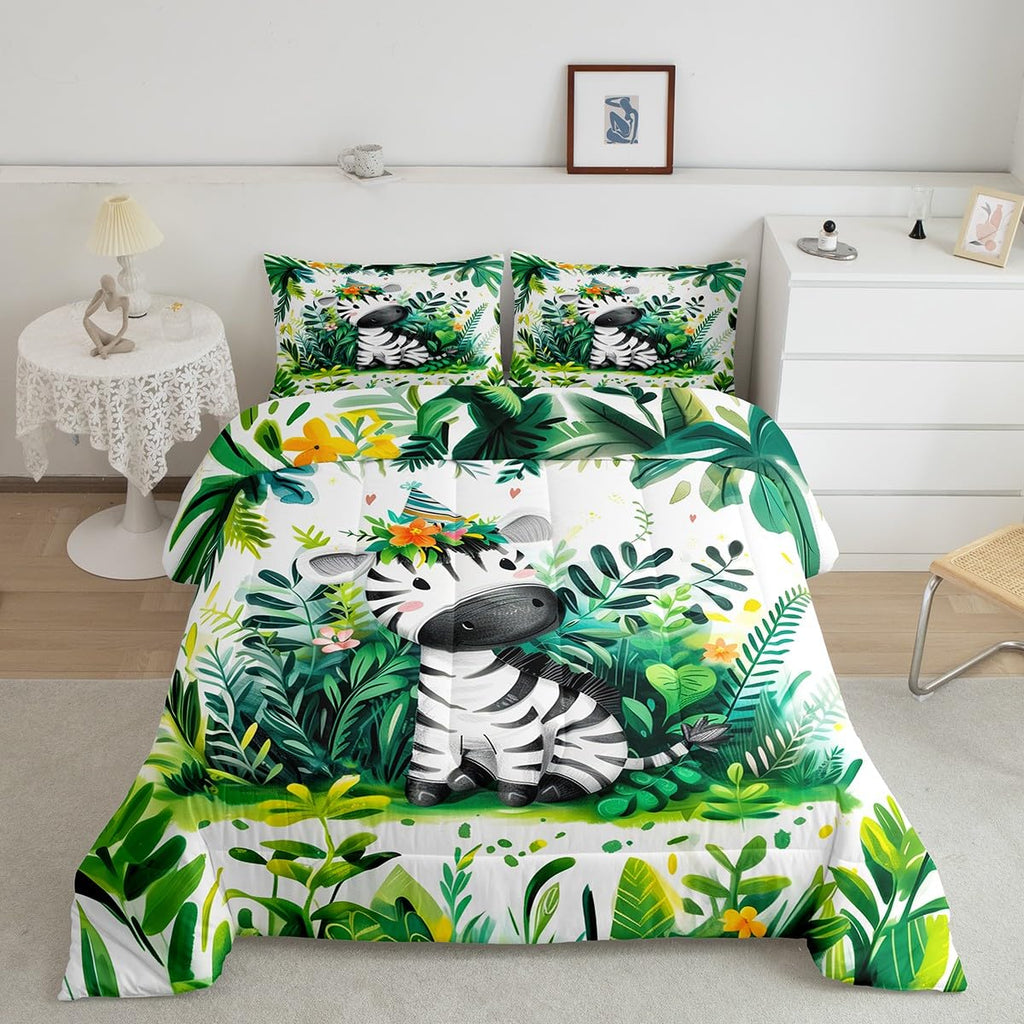 Feelyou Zebra Bedding Set Twin Size Zoo Animals Comforter Set for Kids Cartoon Animal Comforter Women Men Teens Ultra Soft Decor Cute Animals Botanical Tree Wildlife Duvet Set