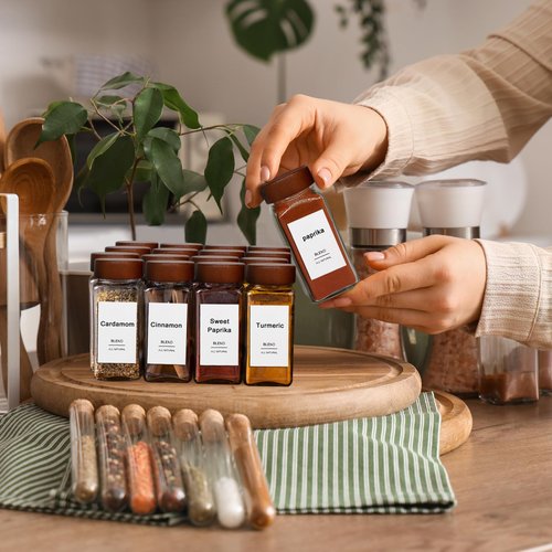 CKCY 16 Pcs Spice Jars, 4oz Seasoning Containers with Acacia Wood Shaker Lids, Glass Spice Bottles with Labels, Square Seasoning Organizer, Kitchen Spice Container