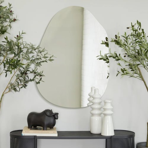 Irregular Frameless Bathroom Mirror,24 x 36 Inch Asymmetrical Wall Mirror with Wood Frame,Vanity Modern Tempered Glass Mirror for Bedroom,Entryway,Living Room