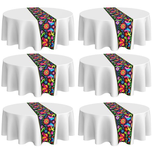 Oudain 12 Pcs Mexican Round Tablecloth 84 Inch Plastic Table Cover Mexican Waterproof Disposable Table Cloth Decorative Day of The Dead Tablecloth (White)