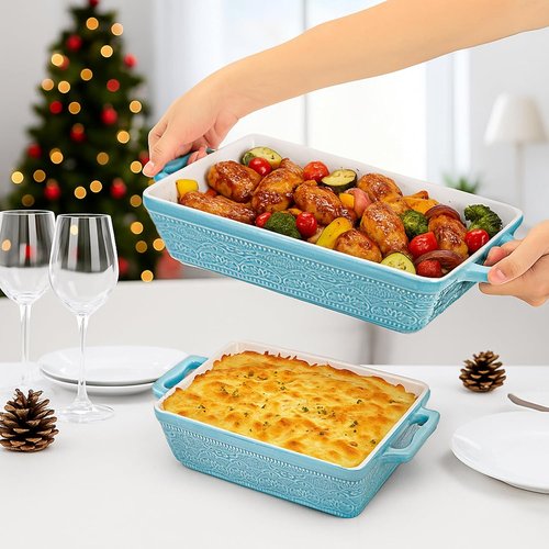 Hacaroa Ceramic Baking Dishes Set - Elegant Rectangular Bakeware with Handles | Lake Blue, 3 Sizes