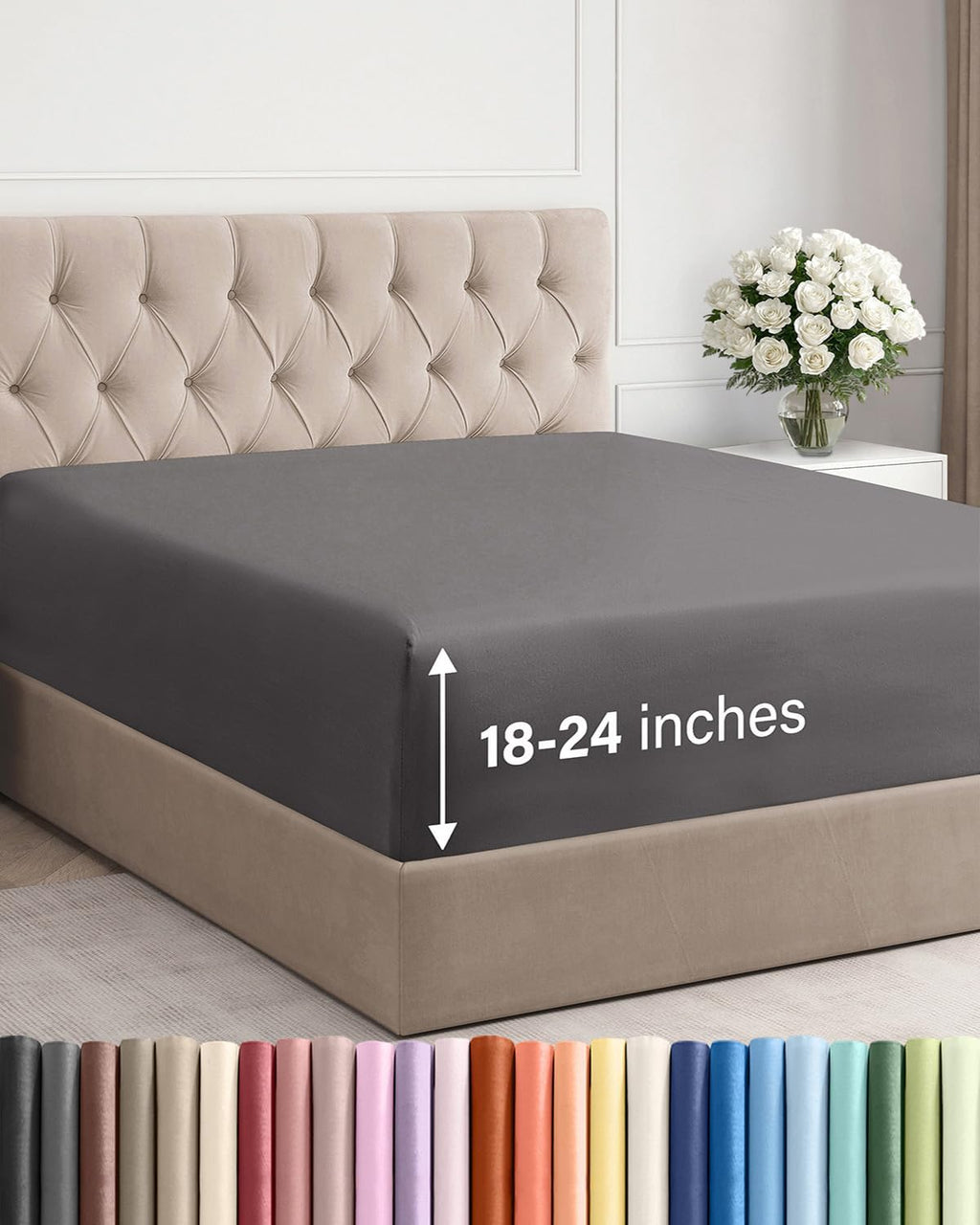 Regine Switzerland Extra Deep Queen Fitted Sheet - Ultra Soft, Wrinkle-Free - Fits 18-24 Inch Mattresses - Dark Grey