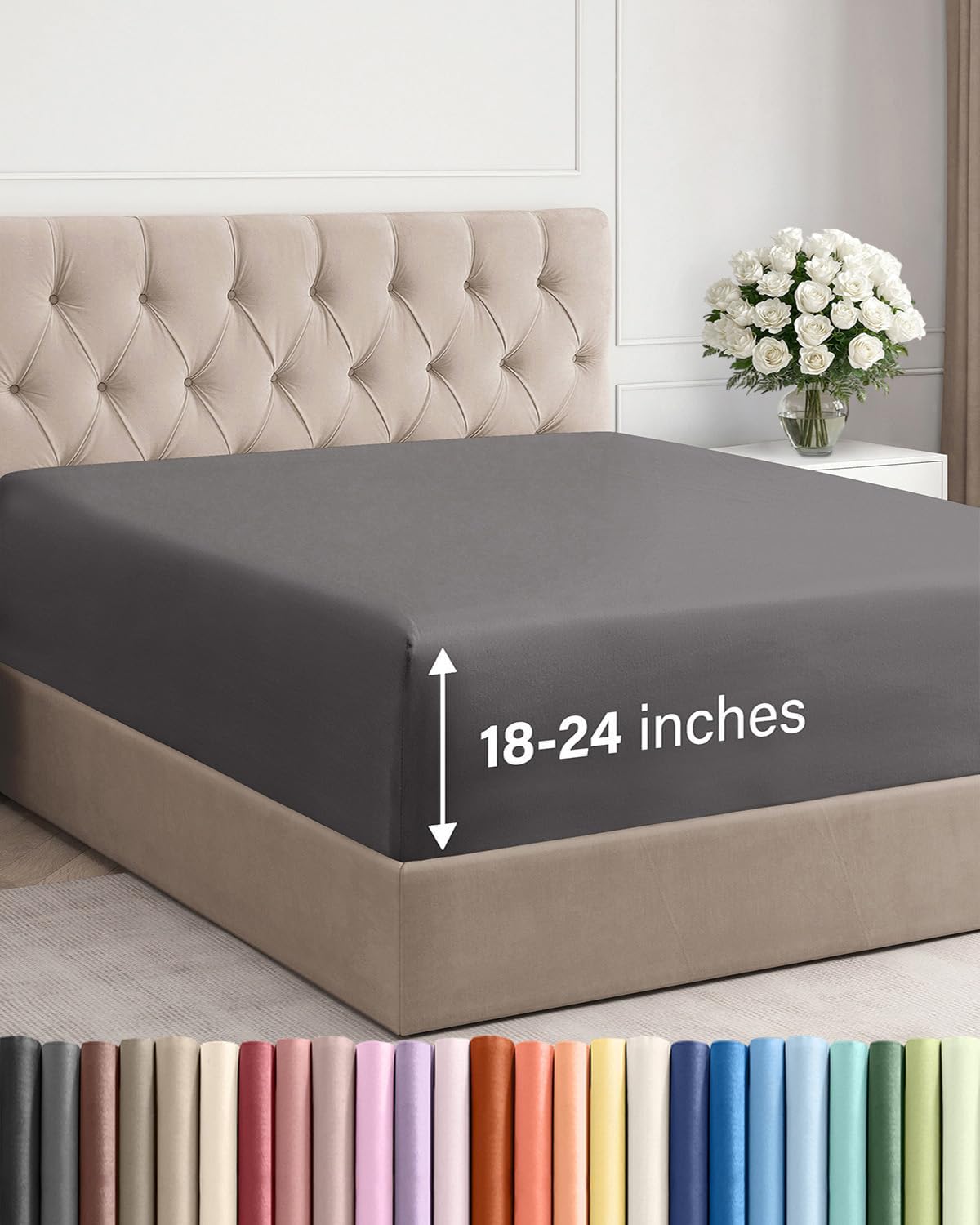 Regine Switzerland Extra Deep Queen Fitted Sheet - Ultra Soft, Wrinkle-Free - Fits 18-24 Inch Mattresses - Dark Grey