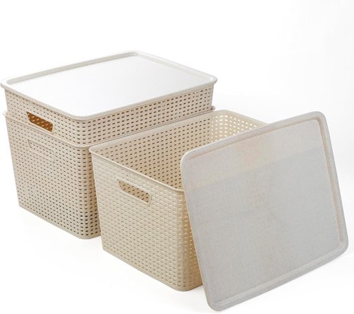 BINO Plastic Storage Baskets with Lids - 33 Liter | 3 Pack Natural | Ideal for Organizing Shelves
