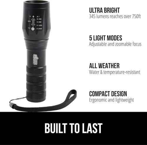 GORILLA GRIP LED Tactical Flashlight - 750 FT High Lumens, 5 Modes, Water Resistant | 2 Pack Black