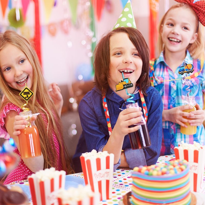 24 Reusable Construction Plastic Straws Excavator Bulldozer Blender Truck for Construction CraneTheme Birthday Party Supplies