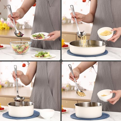 HIFIND 4PCS Cooking Utensils Set, Stainless Steel Kitchen Utensils Set, Durable Kitchenware Set for Cooking, Utensils Set with Slotted Serving Spoon, Spaghetti Fork, Ladle, Solid Serving Spoon