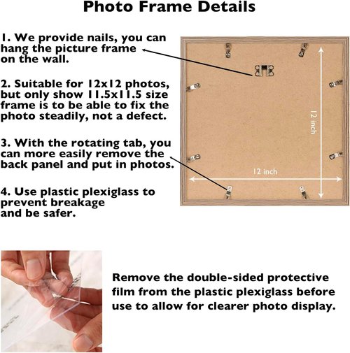 JCJMY 12x12 Inch Picture Frame - Rustic Brown Wall Gallery Frame with Shatter Resistant Plexiglass