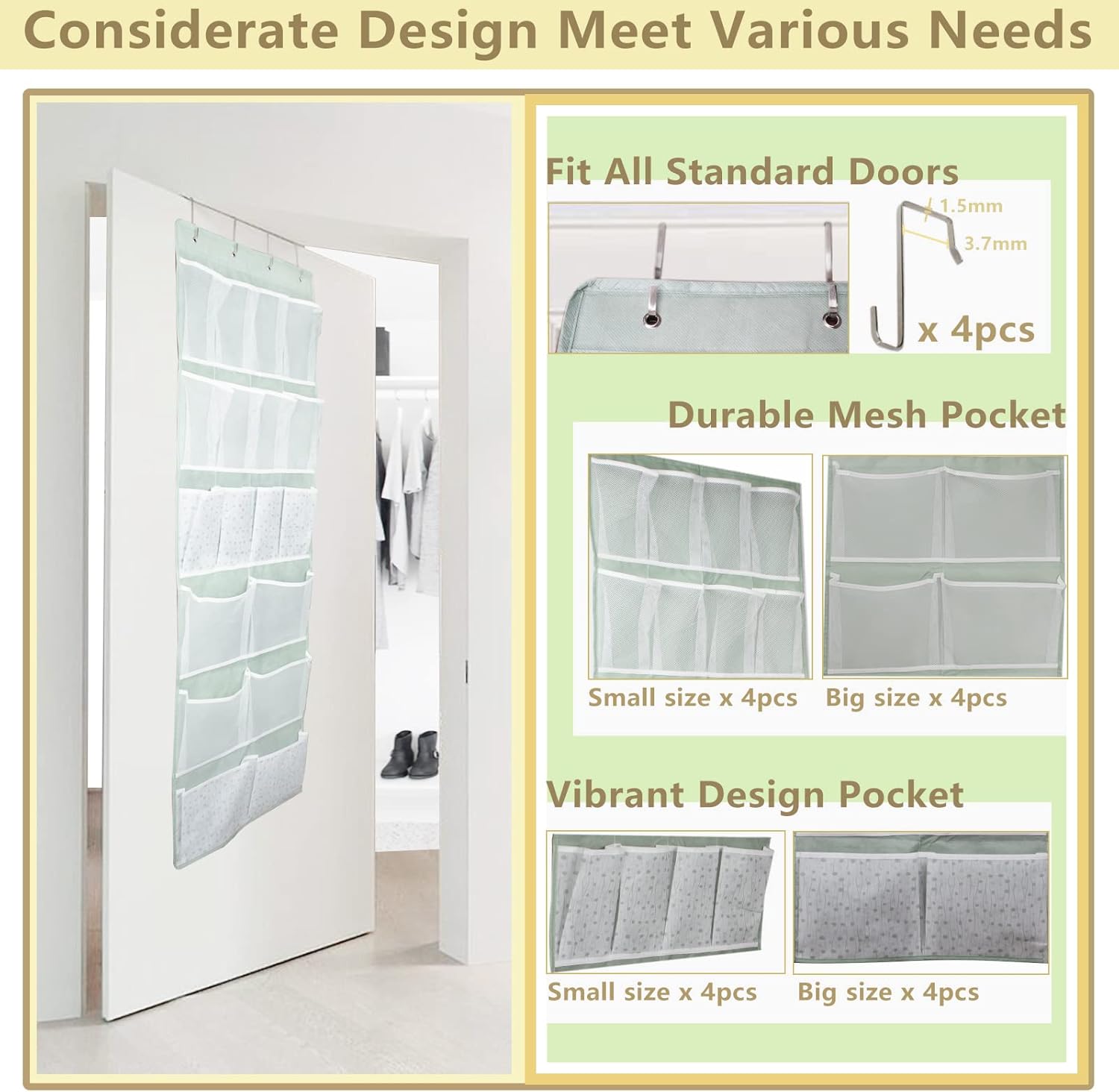 Skiennix 18-Pocket Over-The-Door Organizer - Versatile Storage for Shoes, Socks, Hats & More | Green