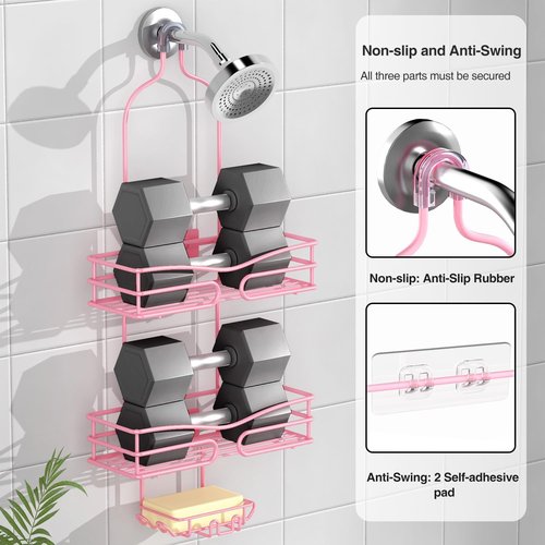 DAOYA 3-Tier Pink Overhead Shower Caddy - Bathroom Organizer with Soap Holder & 6 Hooks