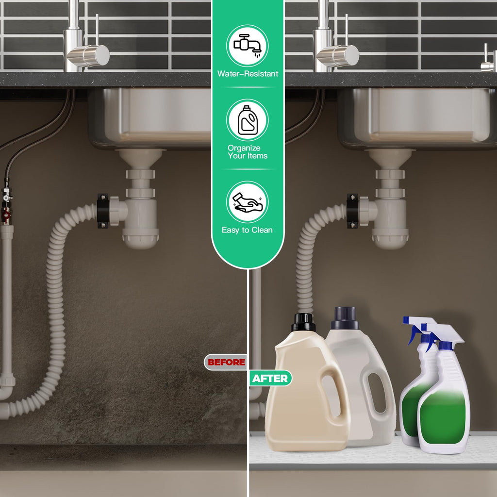 TRZZ Silicone Waterproof Under Sink Mat 34" x 19", Drip Tray and Cabinet Liner for Kitchen and Bathroom, Prevents Water Damage and Organizes Cabinets (Beige)