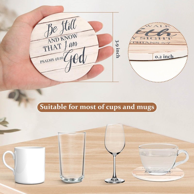 Billbotk Ceramic Coasters with Bible Verses, Christian Coasters Set of 8 with Holder, Absorbent Drink Coasters for Christian Gifts and Home Decor, 4 Inches