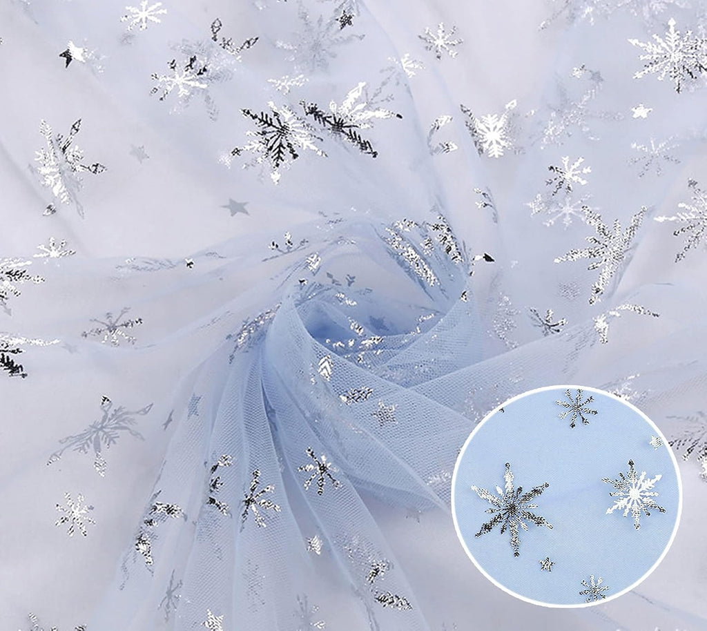 SUJAYU Snowflake Organza Fabric - Sheer Silver Foil Tablecloth & Christmas Tree Skirt (59" x 118", Blue)