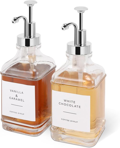 Coffee Syrup Dispenser Set by [Brand Name] - Clear Glass Bottles with Pump for Coffee Bar | 500ml, Chrome Finish