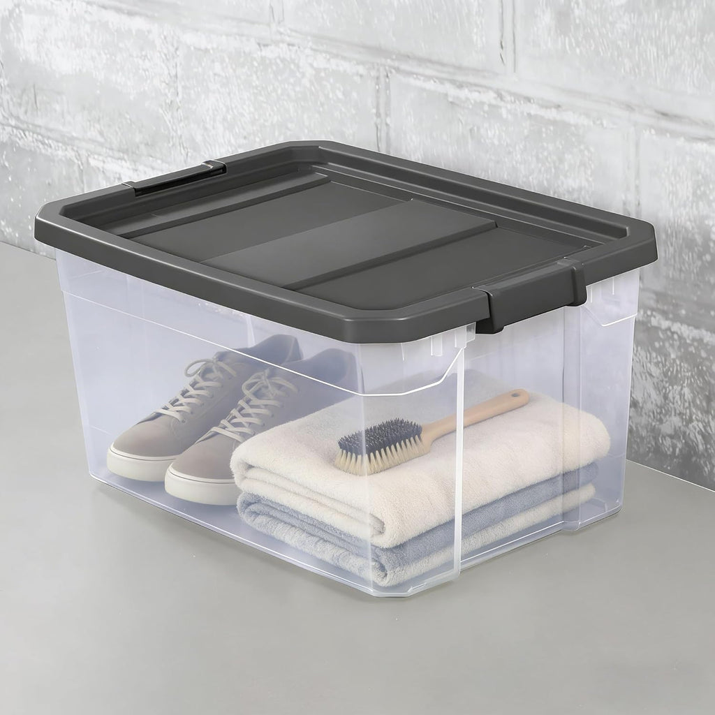 Stacker Box 76 Quart - Heavy-Duty Clear Plastic Storage Bin with Secure Latch Lid | Dark Gray