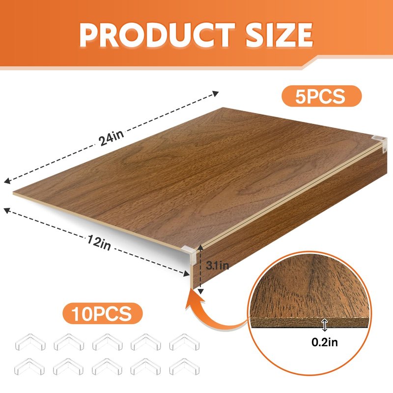 5 Pack Wooden Wire Rack Cover 24 * 12IN Shelf Covers with Back Felt Clamp Fixed Pantry Shelf Cover for Removable Closet Bathroom Kitchen (Walnut)