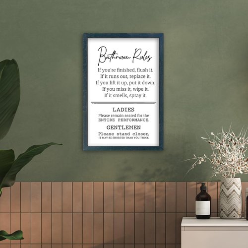 Bathroom Rules Wall Decor - Humorous Quotes Restroom Sign | 16" x 11" Framed Art (Black) by [Brand Name]