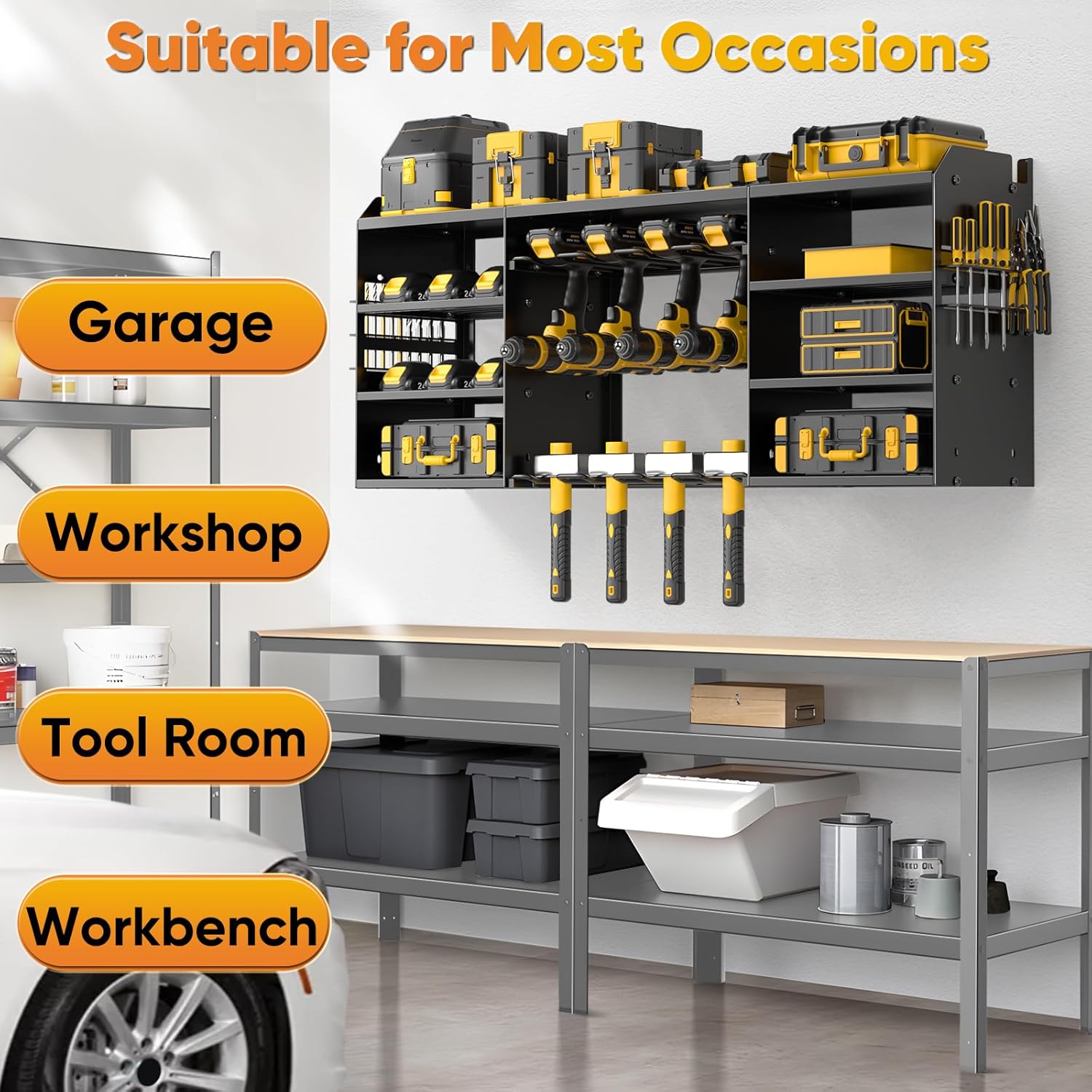 POKIPO Large Power Tool Organizer - Heavy Duty Wall Mount Drill Holder for 8 Drills | Black Utility Rack