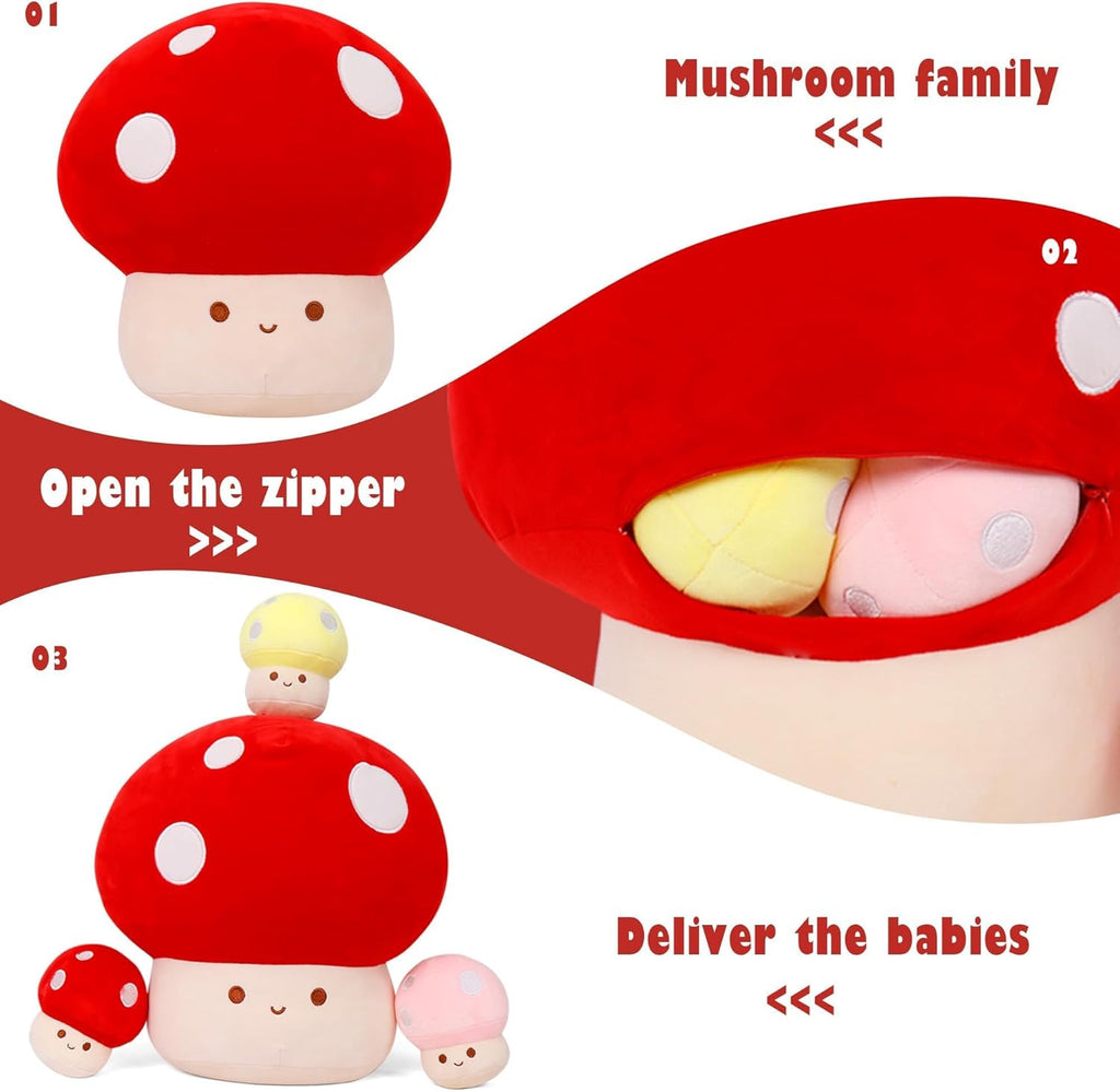 WeBingo Mushroom Plush Pillow Set - 12-Inch Jumbo Stuffed Animal Decor with 3 Baby Mushrooms | Perfect Gift for Kids & Adults