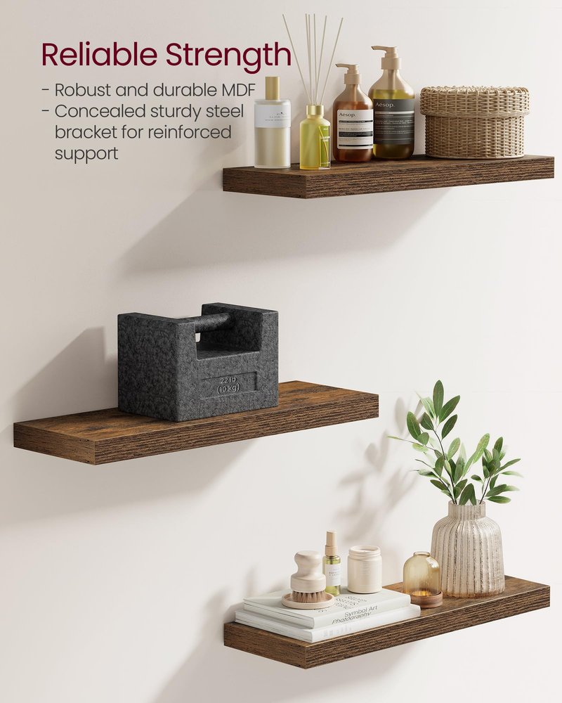 VASAGLE Wall Shelves Set of 5, Floating Shelves, Wall Mounted, 7.9 x 23.7 x 1.5 Inches, for Picture Frames, Decor, Living Room, Kitchen, Rustic Brown ULWS076B01