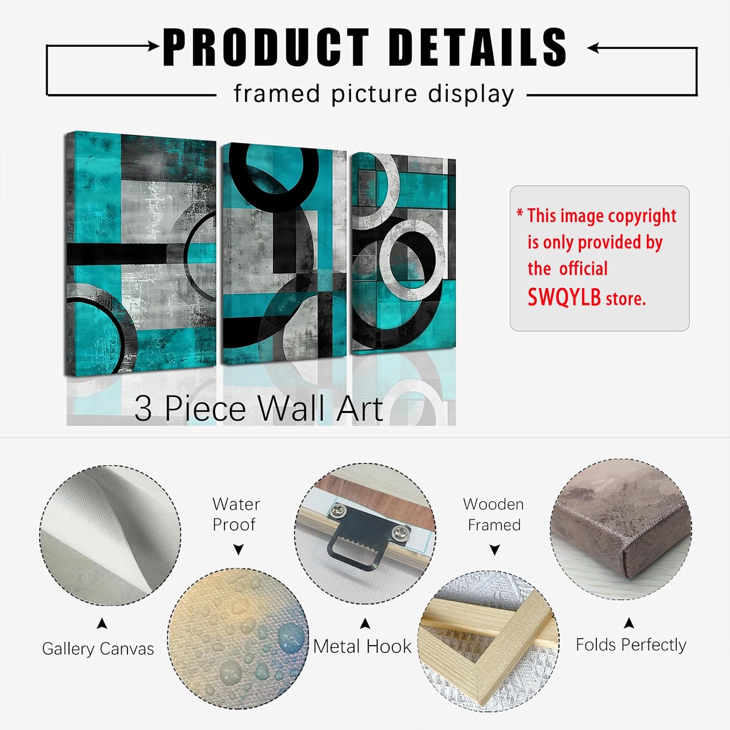 SWQYLB Teal Abstract Wall Art - Blue & Gray Canvas Print Set of 3 | Geometric Circle Design for Home Office Decor (Framed, 12" x 16")