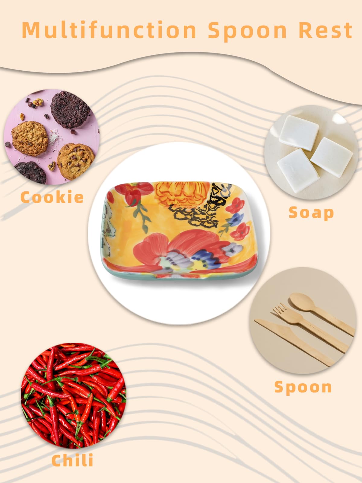 Colorful Hand Painted Spoon Rest 4.75 Inches Ceramic Spoon Holder for Kitchen Counter Stove Top, Dishwasher Safe, Multicolor (Set of 2)