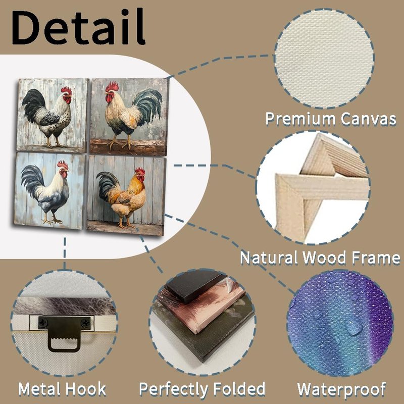 Rooster Canvas Wall Art 4 PCS Farmhouse Kitchen Chicken Paintings Rustic Farm Animal Picture Prints for Living Room Bedroom Bathroom(Rooster-2,12x12inchx4 Pieces (30x30cmx4 Pieces))