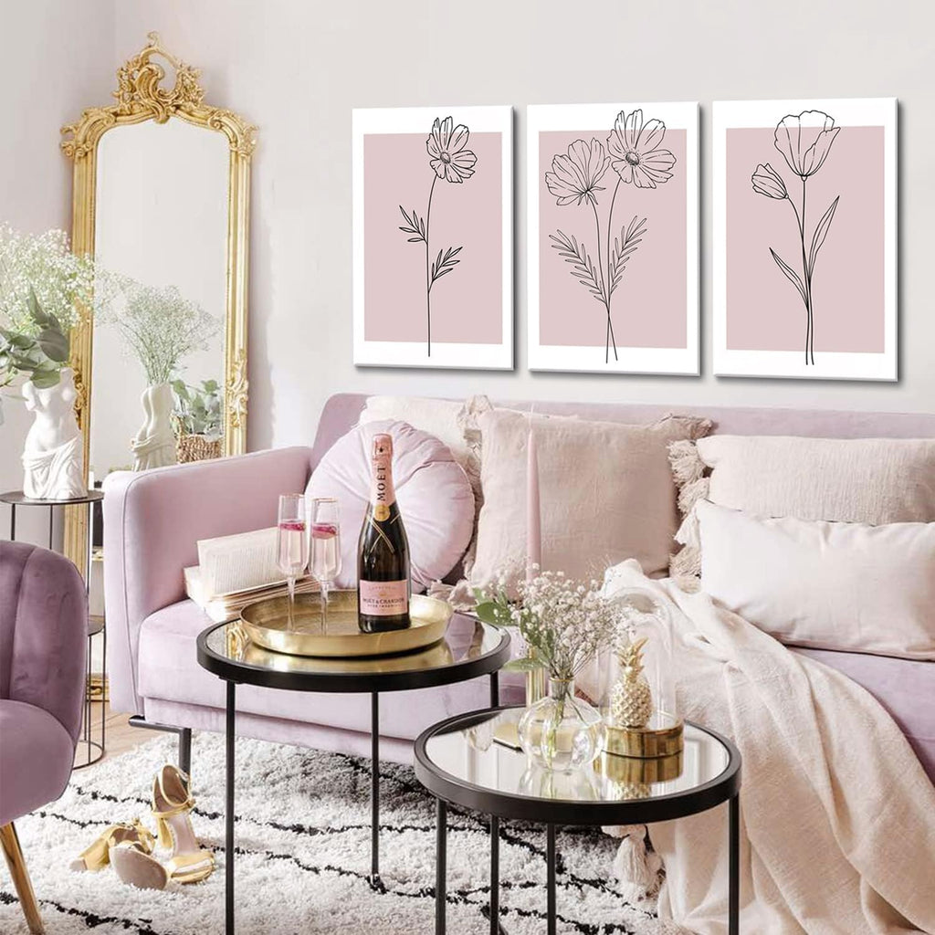 Pink Flower Market Wall Art Set of 3 - Aesthetic Canvas Prints for Bedroom & Girls' Room | Framed 12x16 Inch