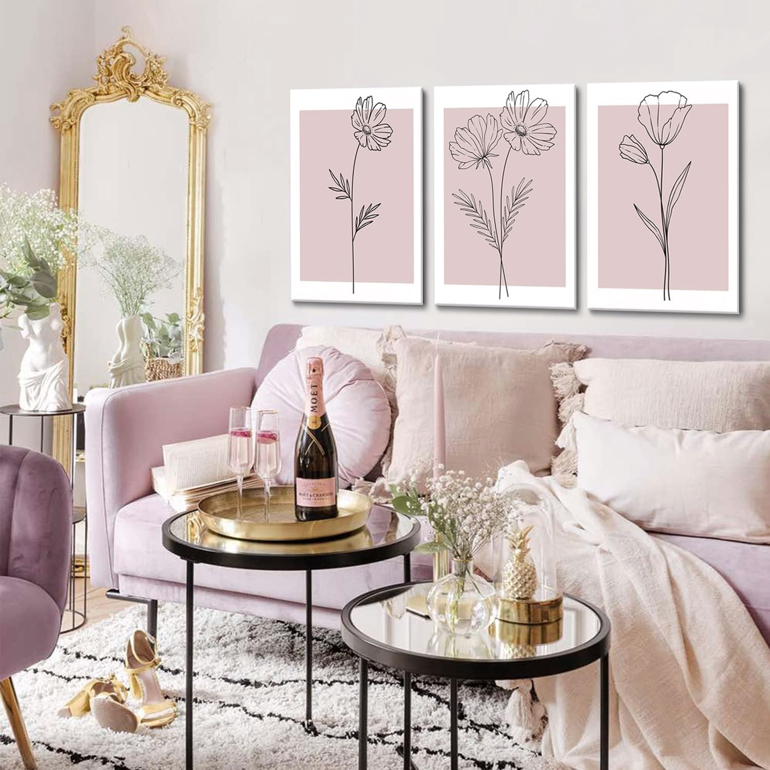 Pink Flower Market Wall Art Set of 3 - Aesthetic Canvas Prints for Bedroom & Girls' Room | Framed 12x16 Inch