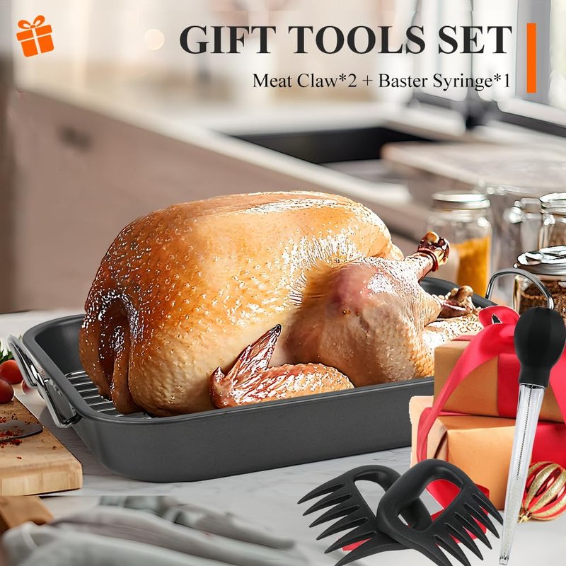 Nonstick Turkey Roaster with 2 Stainless Steel Racks for Baking Turkey, Chicken, Veggies