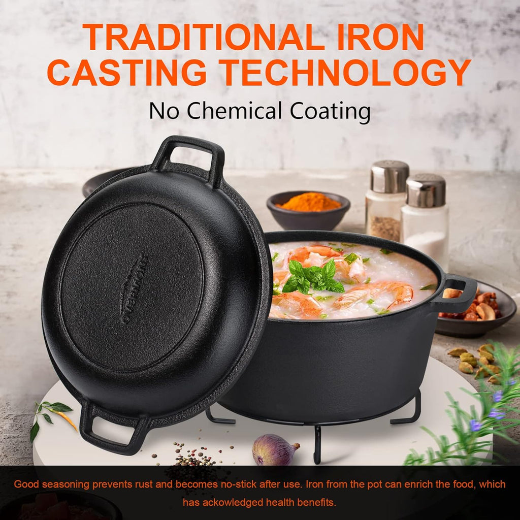 Overmont 5QT Cast Iron Dutch Oven - Pre-Seasoned All-in-One Casserole & Skillet Lid with Silicone Handle Covers