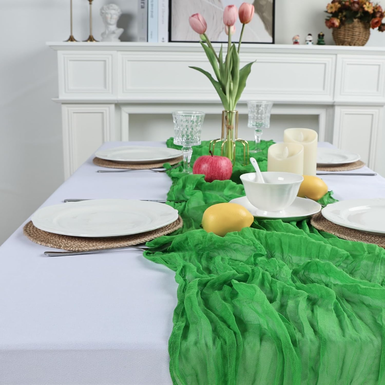 Skiennix 10ft Green Cheesecloth Table Runner - Rustic Sheer for Easter & Spring Celebrations