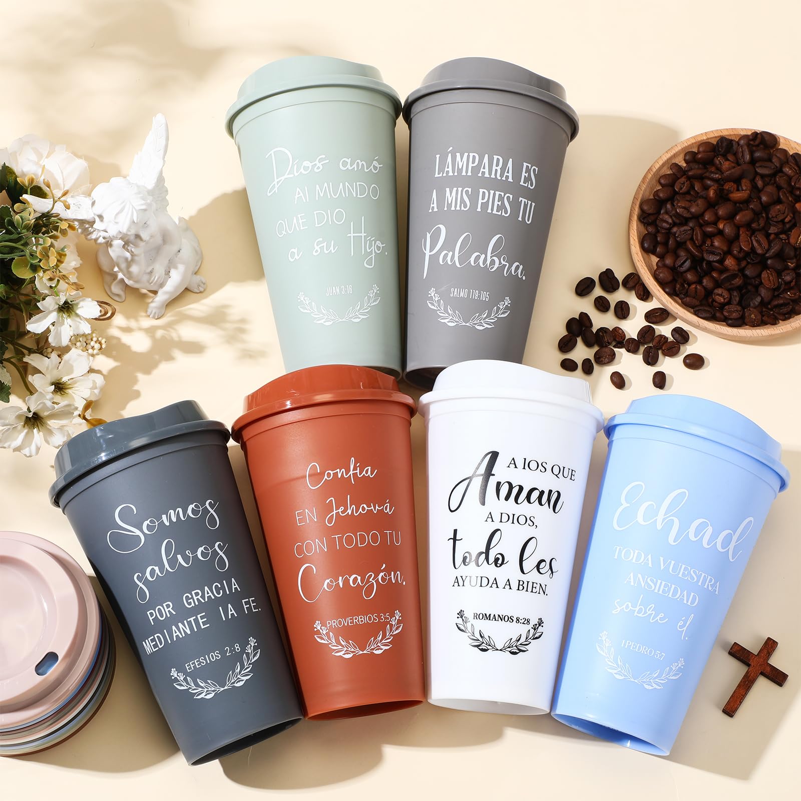 Zhehao Spanish Bible Verse Tumblers Bulk, 16 oz Reusable Plastic Coffee Cups with Lids, Christian Scripture Drinking Cups for Church Events, Teacher Appreciation, Spring Gifts(Morandi,24)