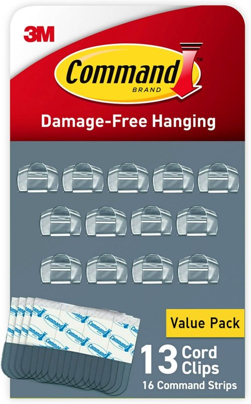 Command Round Cord Clips - Damage-Free Cable Hanging Solution | 13 Clear Clips & 16 Strips Included