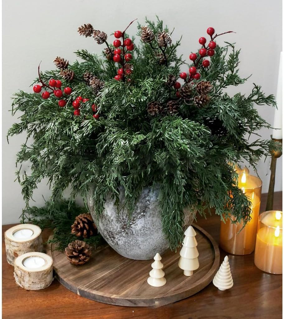 Skiennix Faux Cedar Stems - Realistic Norfolk Pine Branches for Christmas Decor | 12 Stems + Berries + Pinecones