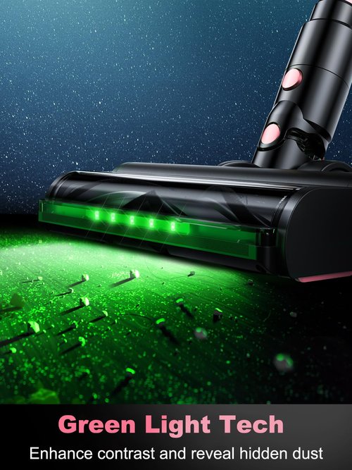 Cordless Vacuum Cleaner,40Kpa 8 in 1 Powerful Stick Vacuum, with Anti-Tangle Brush and Upgraded Green Light, 45mins Runtime Rechargeable Lightweight Vacuums for Hardwood Floor, Pet Hair (Pink)