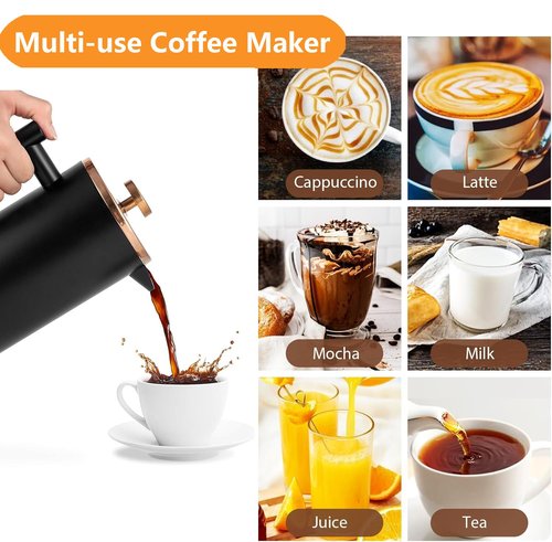 Meelio Small French Press 350ml Coffee Maker, Black Double-Wall Insulated French Press Coffee Press Stainless Steel, Included 2 Extra Fliters and 1 Coffee Spoon (1 cup, 12 OZ)