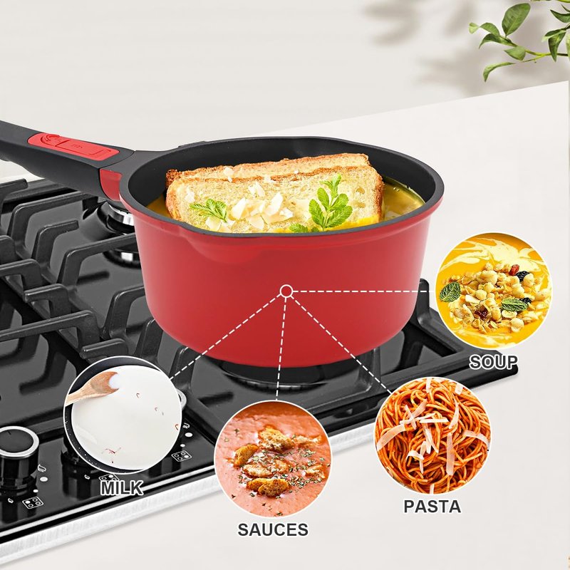 Bobikuke 2 Qt Saucepan with Lid, Non Stick Sauce Pan with Lid, Milk Pot & Sauce Pot & Small Saucepan with Pour Spout, Detachable Handle Milk Pan, Mini Cooking Pot Induction Compatible, Oven Safe